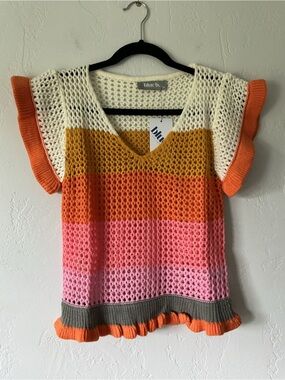 NWT Blue B. Striped Crochet Knit Top in Cream, Mustard, Orange, Pink
